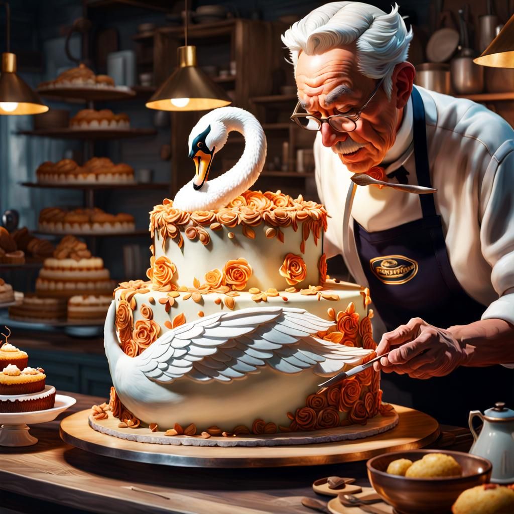 Baker Decorates Swan Cake, Digital Art