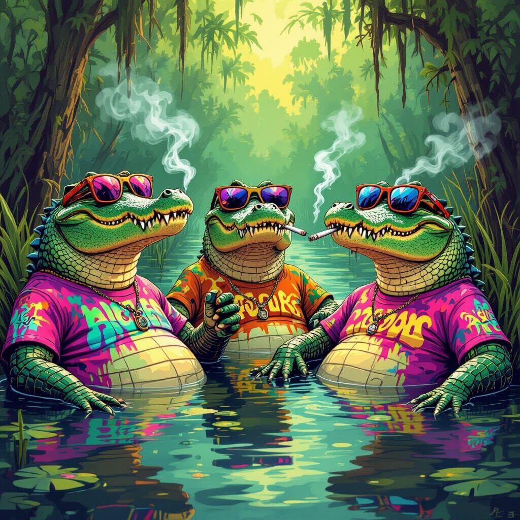 Alligators Smoking Joint in Psychedelic Art Style
