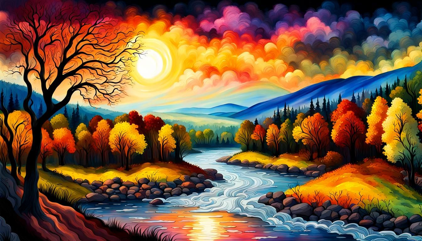 Colorful Trees on Riverbank in High Fantasy Style