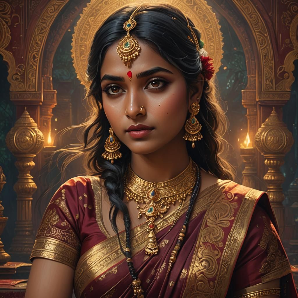 Hindu Girl in Saree: Ornate Digital Painting