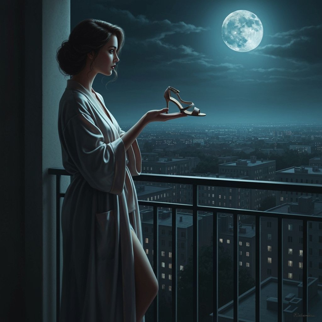 Mysterious Woman on Balcony Overlooking Moonlit City