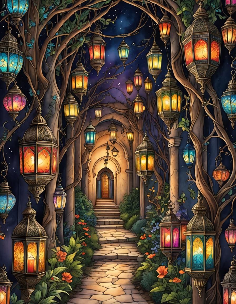Magical Moroccan Lantern Path in Coloring Book Style