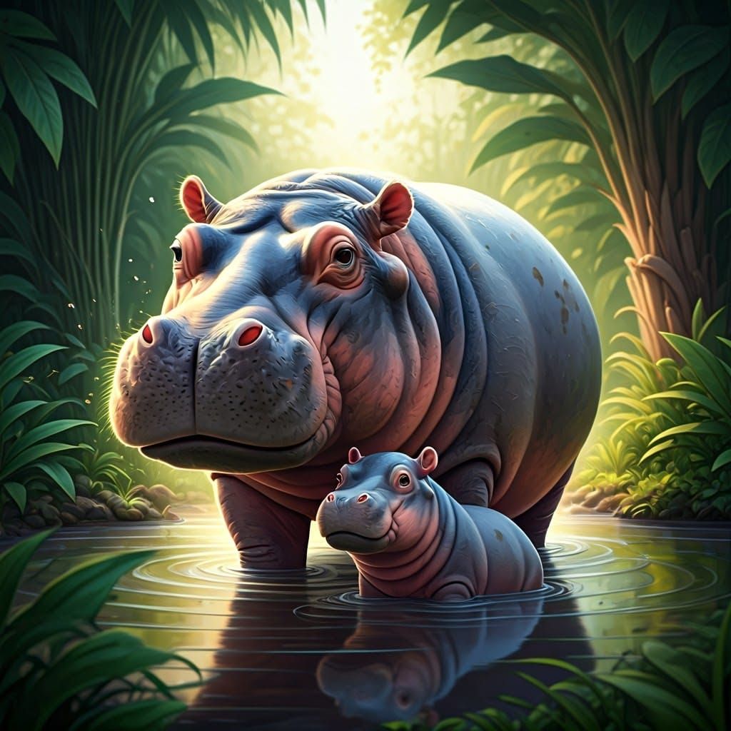 Vibrant Hippopotamus Family in a Whimsical Muddy Scene