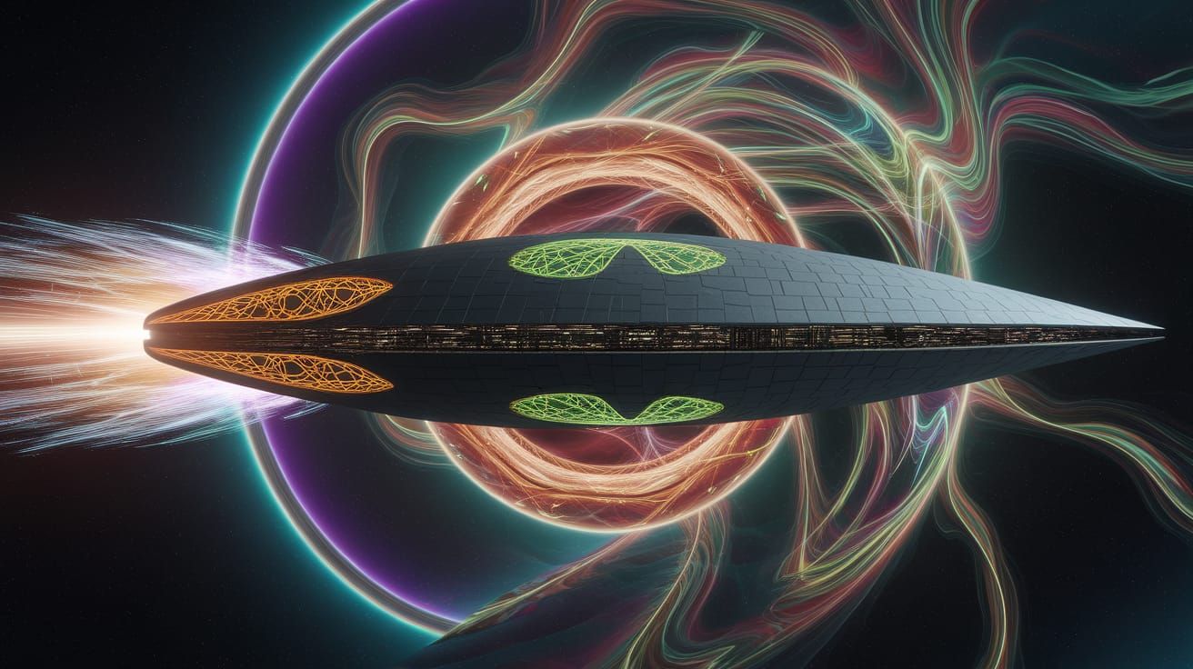 Futuristic Worldship Gliding Through Hyperspace Vortex