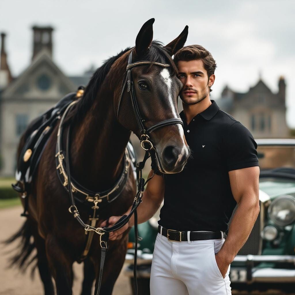 Equestrian Male Rider with Black Stallion on Estate