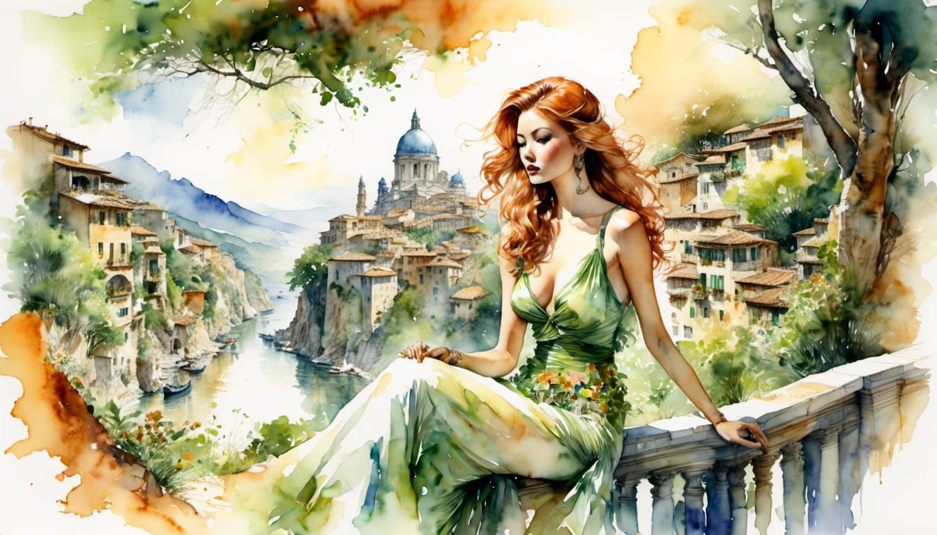 Redhead Eve Double Exposure Portrait in Watercolor Style