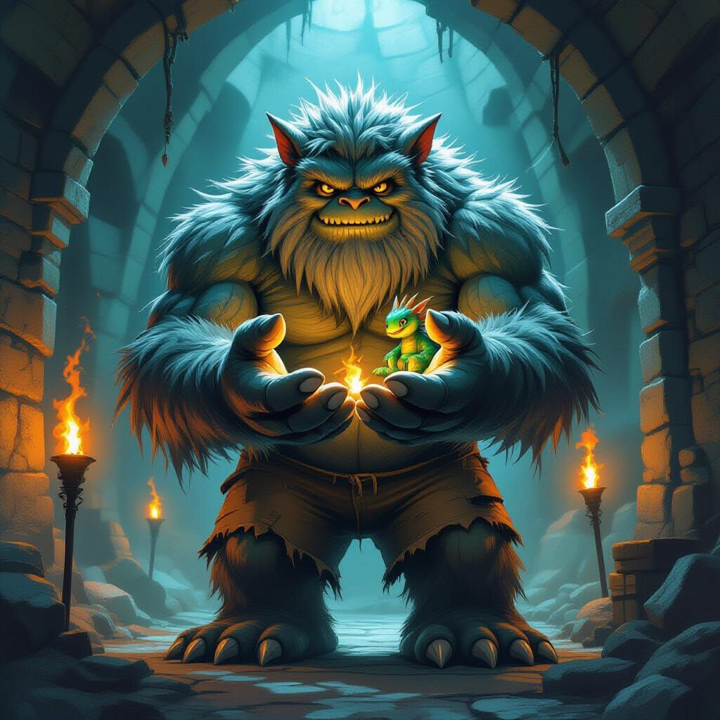 Giant Hairy Monster Cradles Mini Dragon in Dungeon