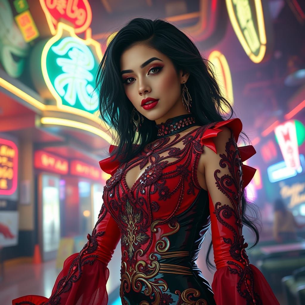 Hyperrealistic Transgender Woman in Latex Dress at Nightclub