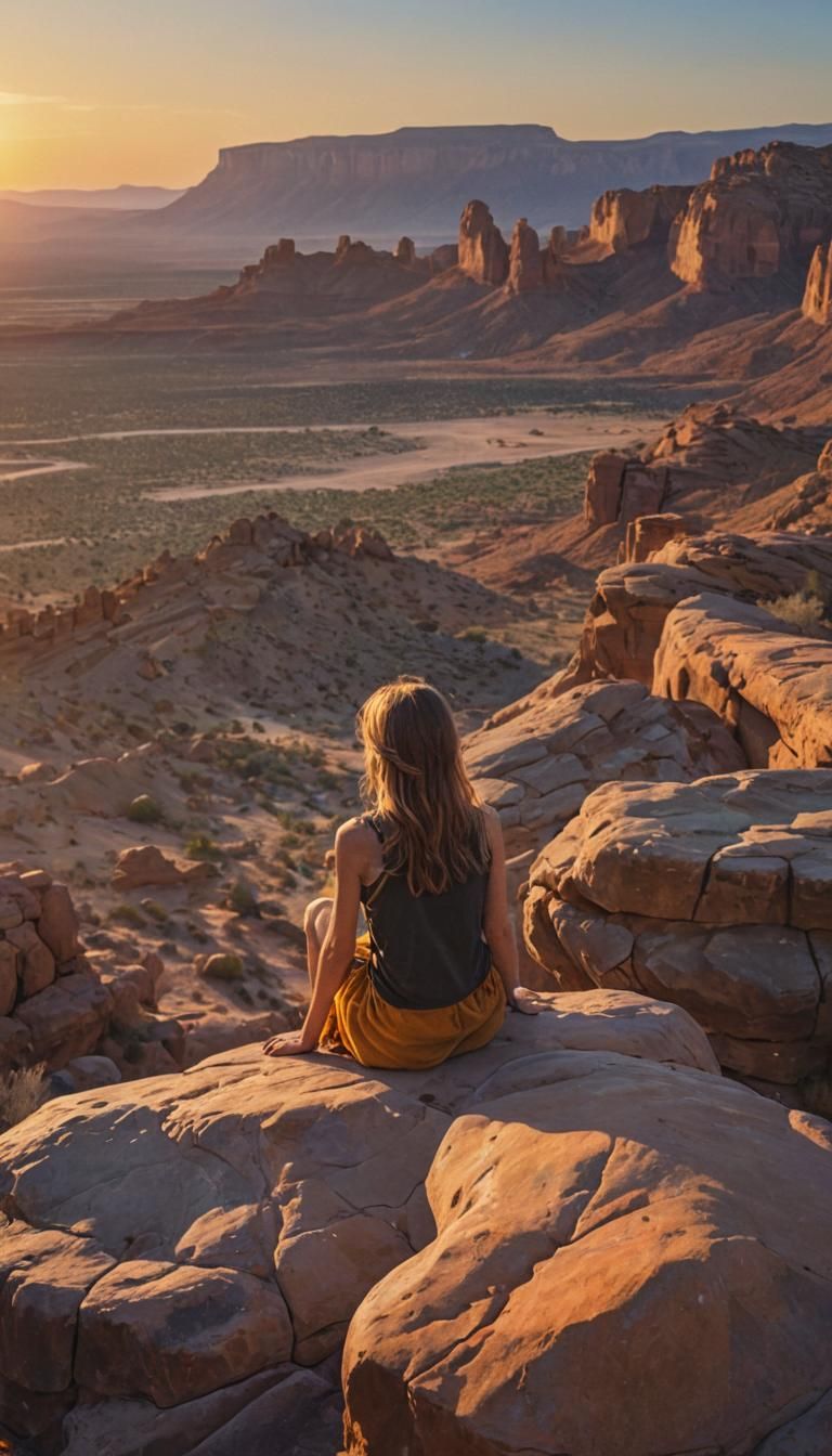 Sweet Girl Watches Desert Sunset, Oil Painting