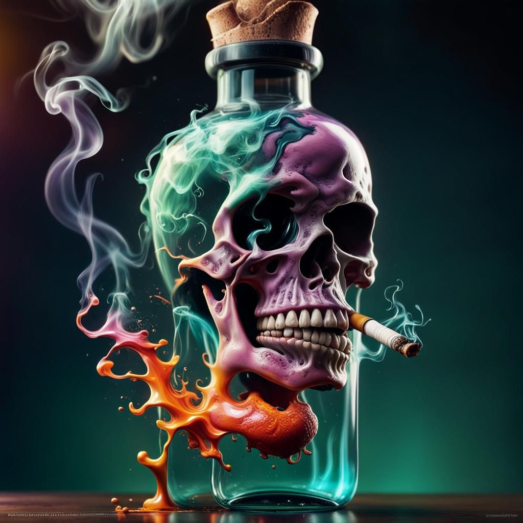 Smoking Poison Bottle in Hyperrealistic Splash Art