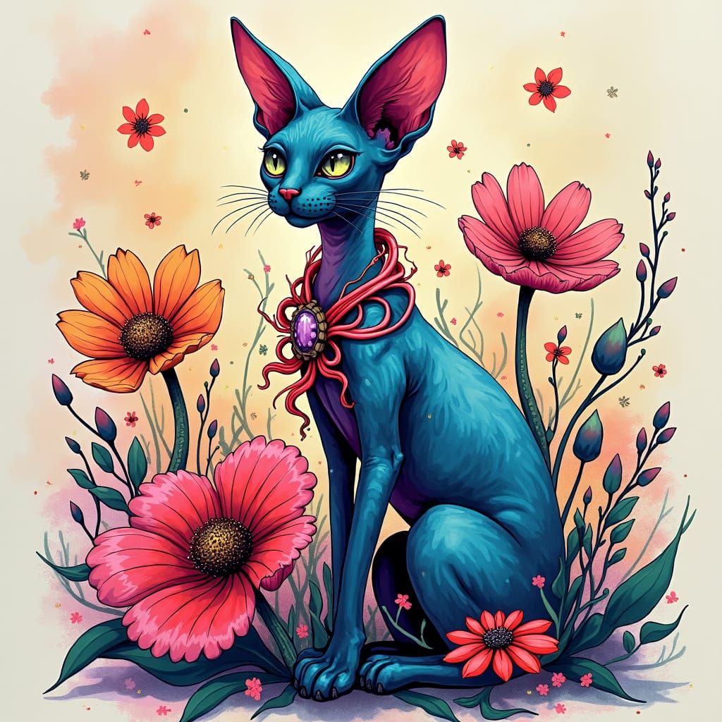 Majestic Sphinx Cat in Whimsical Ink Art Style