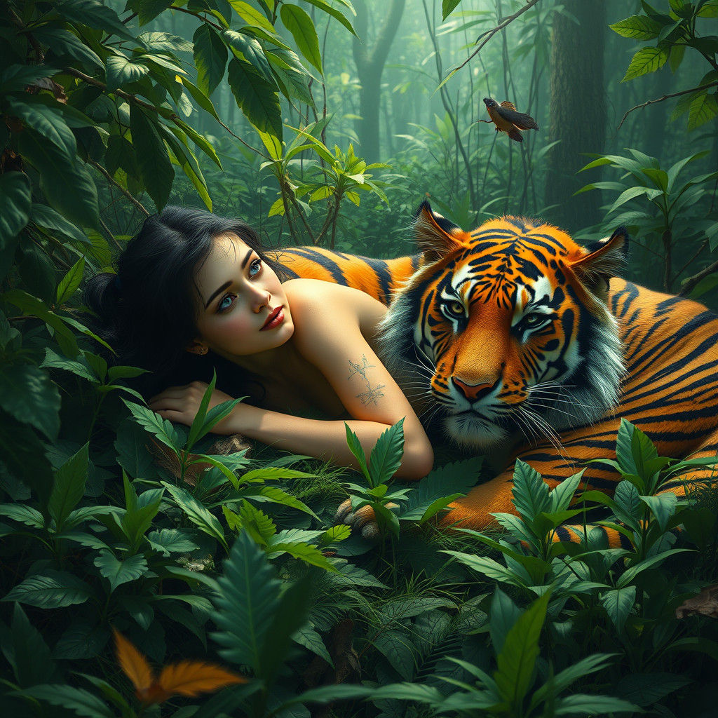 Woman and Bengal Tiger in Lush Forest
