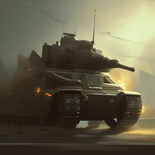 Cute Cat Driving a Tank: Dark Fantasy Art