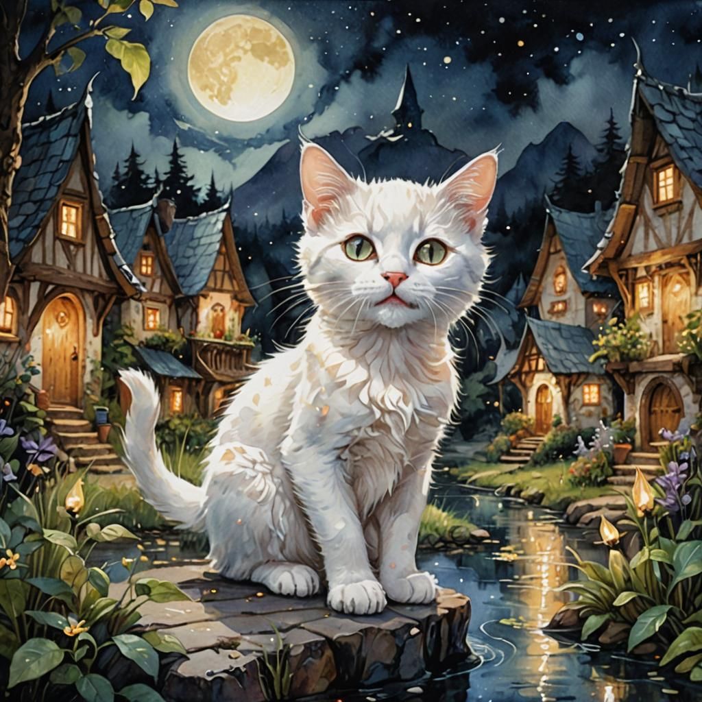 Kitten in Elven Village: Surreal Watercolor
