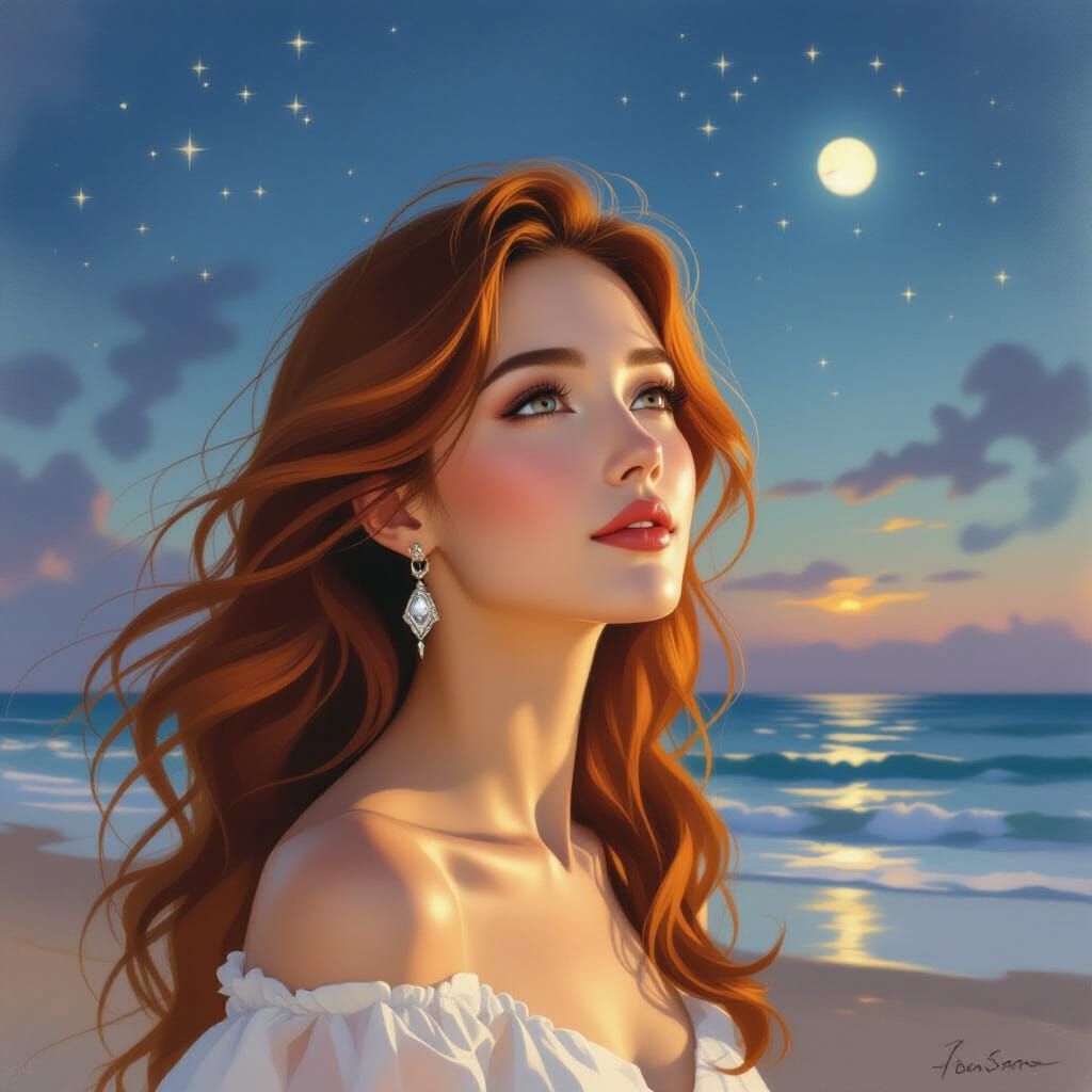 Moonlit Woman on Beach in Impressionistic Style