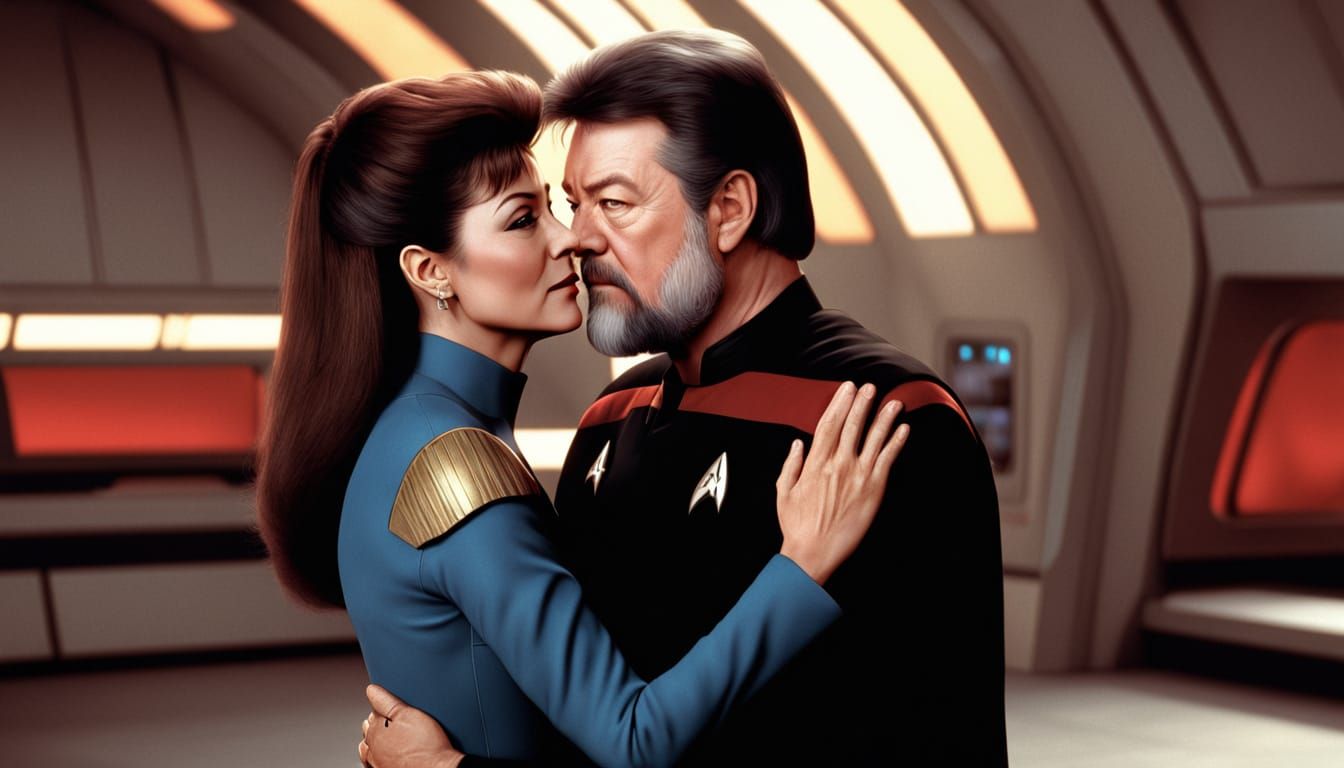 William Riker and Deanna Troi Share a Tender Moment in Warm,...