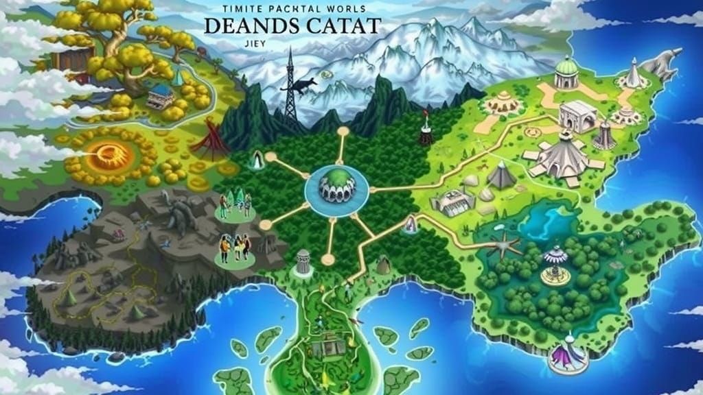 Fantasy World Map with Six Magical Biomes in Steampunk Style