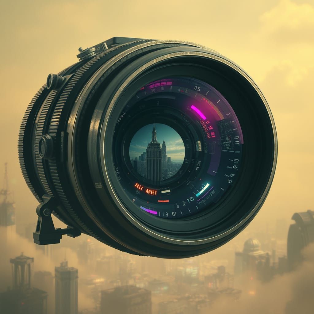 Surreal Camera Lens Reflecting Alternate Timelines