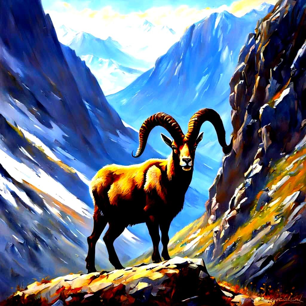 Sinister Pyrenean Ibex Portrait in Detailed Style