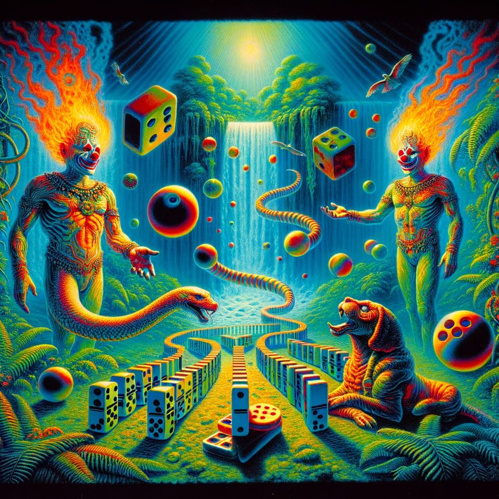 Surreal Clown Dance with Flaming Heads and Alien Colors