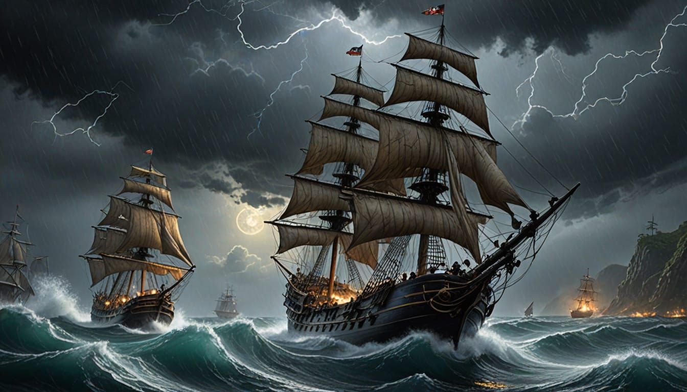 Pirate Duel in Turbulent 18th-Century Maritime Landscape