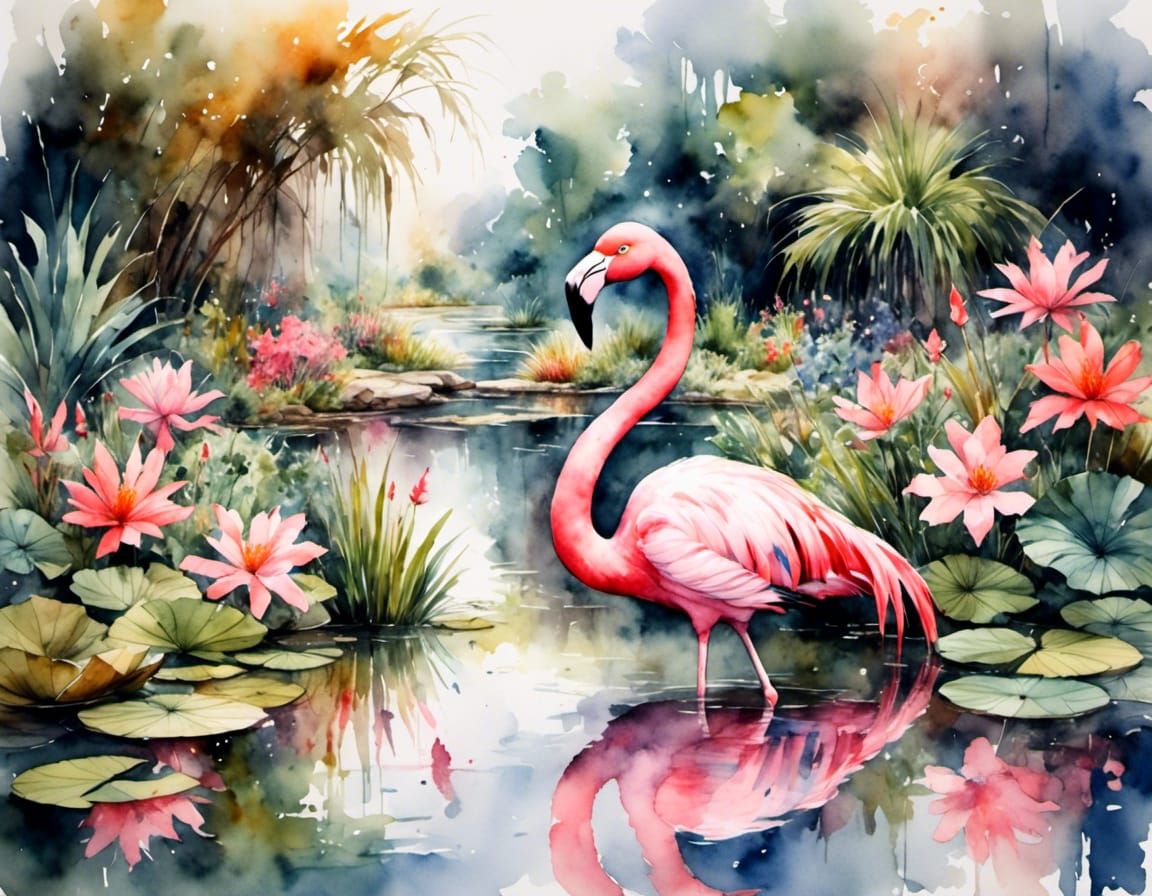Flamingo in Pond: Antique Watercolor Matte Lens