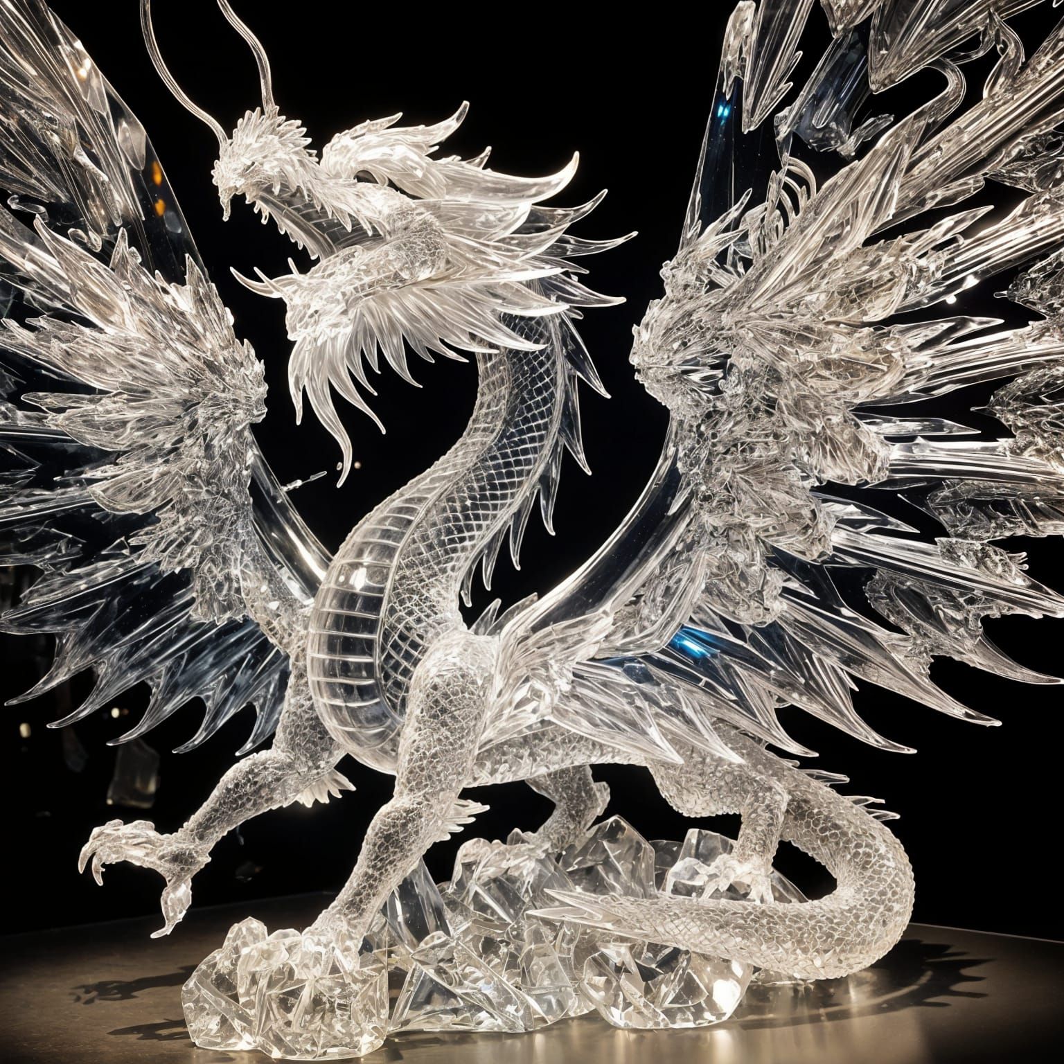 clear crystal figurine of a dragon with two giant wings