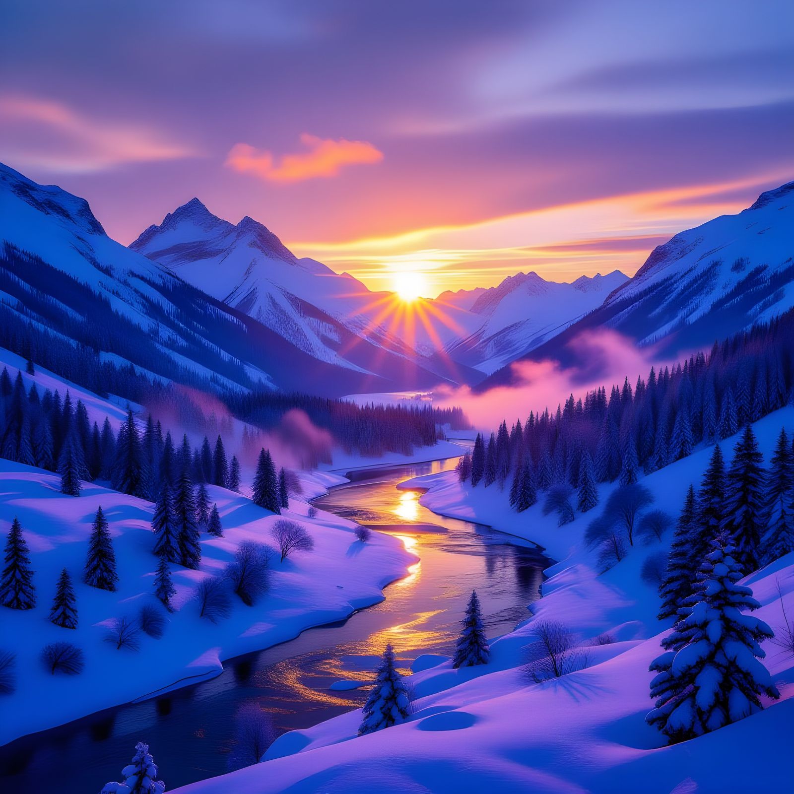 Snowy Mountain Sunset Panorama