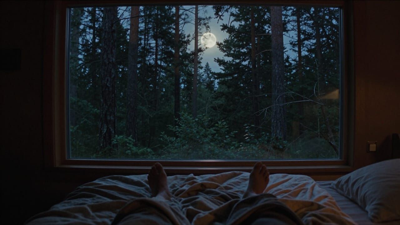 Cozy Bedroom View of Moonlit Forest