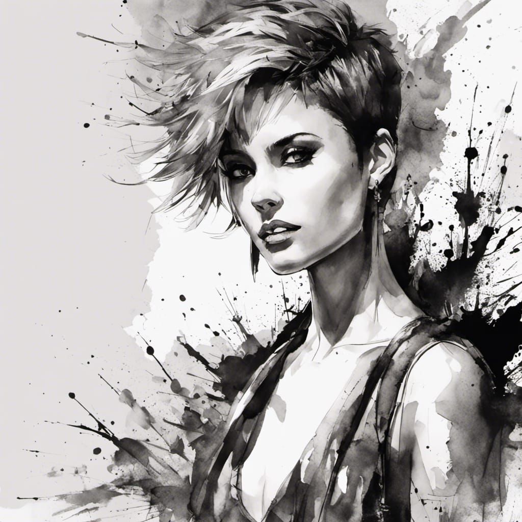 A beautiful short spikey haired - black pen and ink.