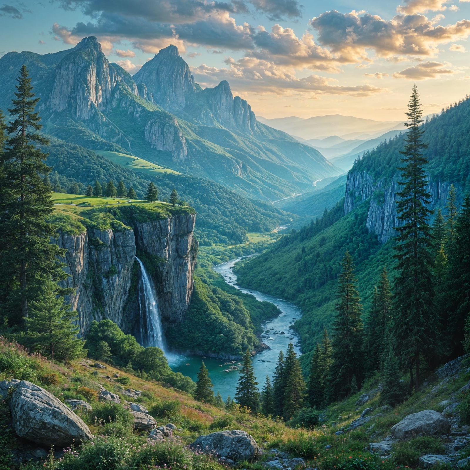 Magnificent Landscape Mural of Forests, Hills, and Waterfall...
