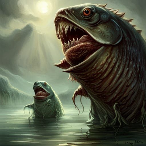 Scary Piranha in Blood Lake, Horror Illustration