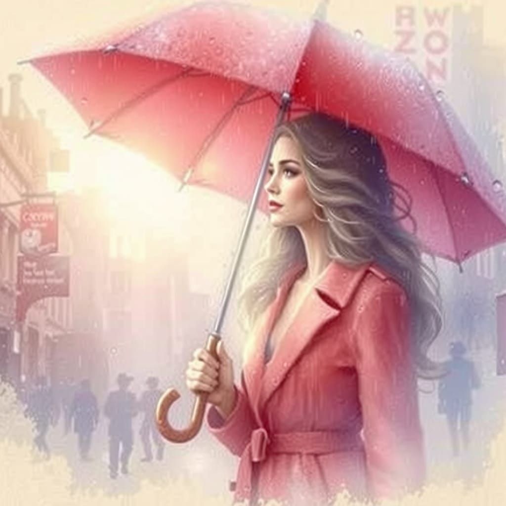 A woman with a red umbrella in the rain