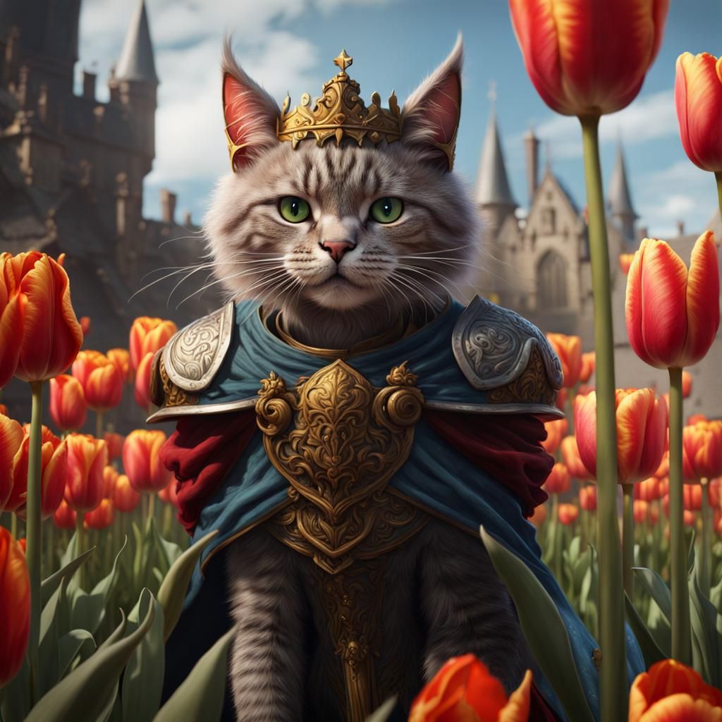 Medieval Cat King's Battle with Giant Tulips