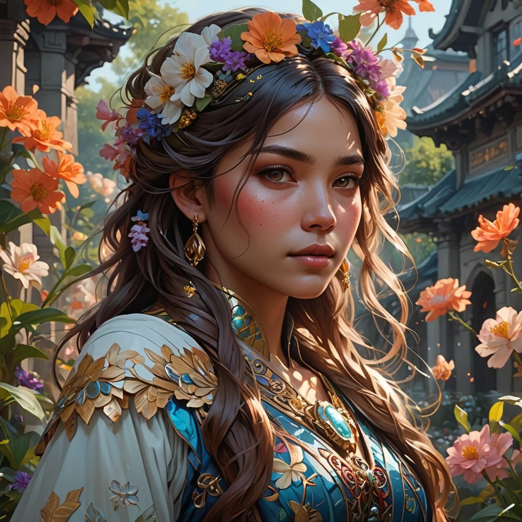 Beautiful Girl in Flower Garden Concept Art