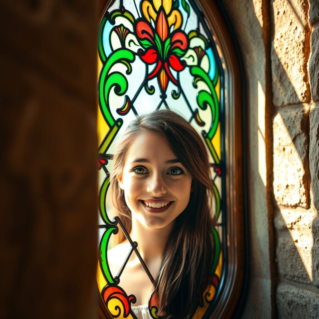 Surreal Art Nouveau Window Reveals Happy Young Woman