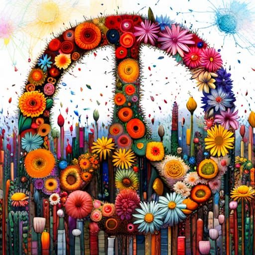Floral Peace Symbol in Mixed Media Style