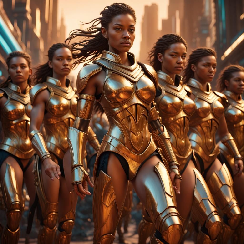 Dynamic Female Warriors in Futuristic Fantasy Acrylic Art