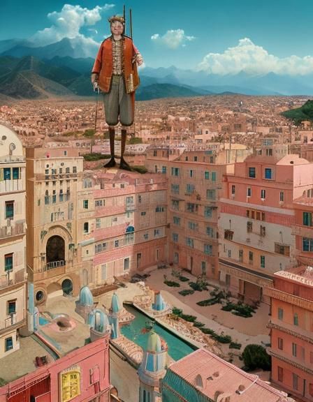 Don Quixote in Wes Anderson Style: Digital Illustration