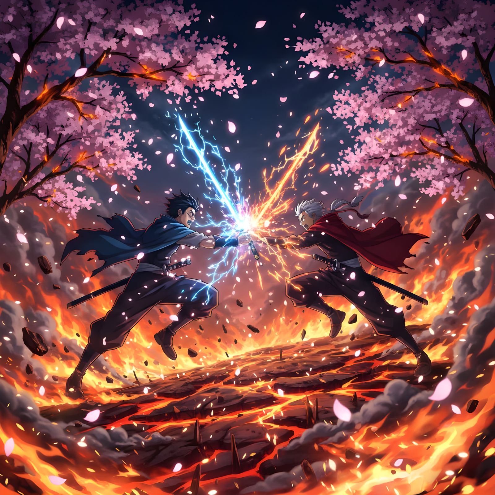 Anime Warriors Clash Amidst Flaming Sakura Battlefield