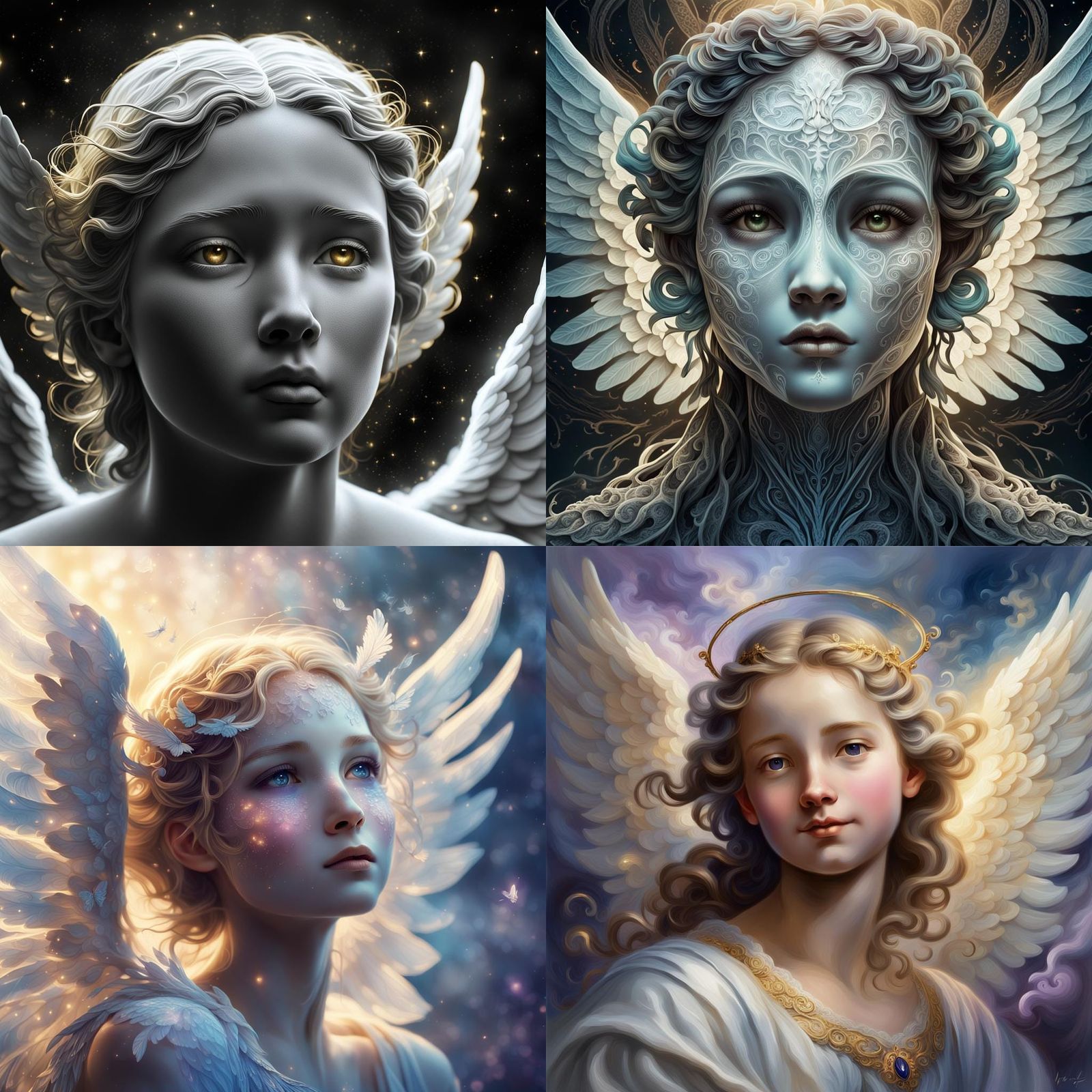 Detailed Sketches of Angels' Faces in Black and White