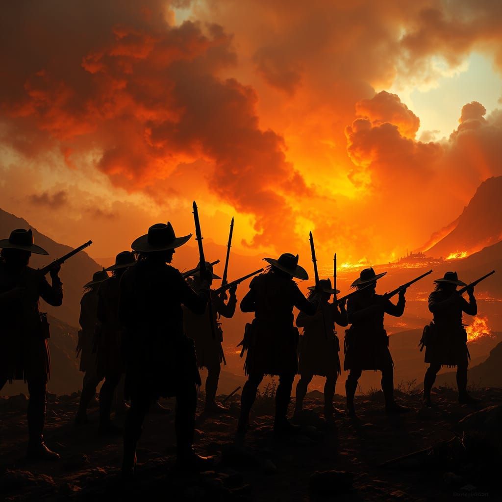 Conquistadors in Volcanic Landscape: Dark Fantasy Art