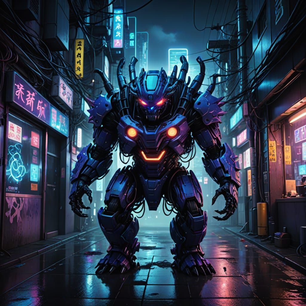 Electric Monster Emerges in Neon-Lit Japanese Cityscape