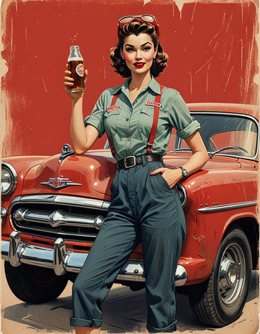 Pin-Up Mechanic Girl on Weathered Card