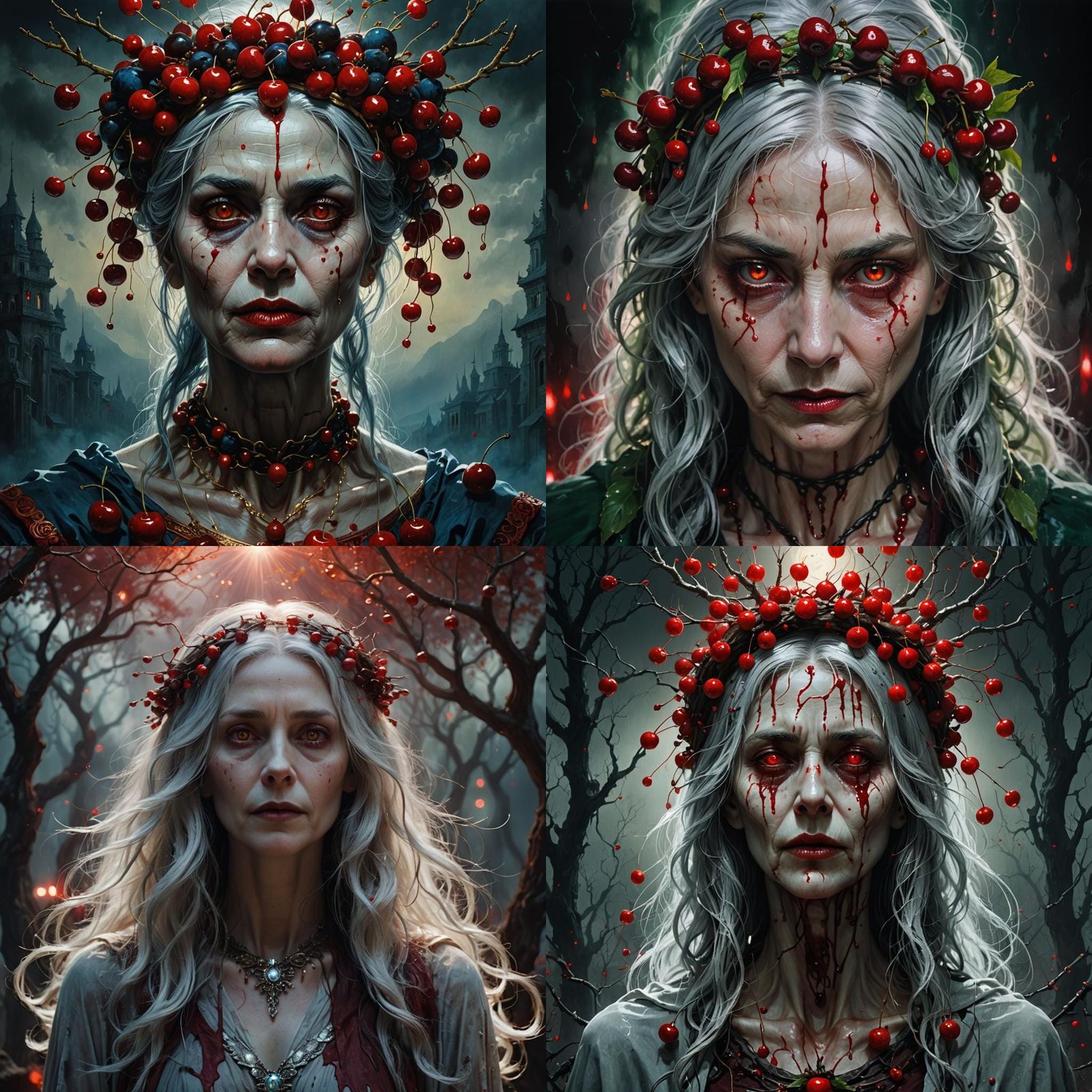 Ethereal Woman with Cherry Halo, Detailed Matte Painting