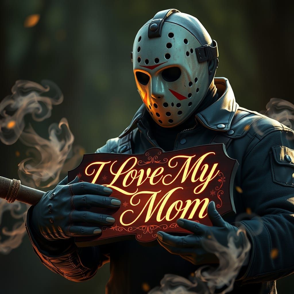 Jason Voorhees Affectionately Holding I Love My Mom Sign