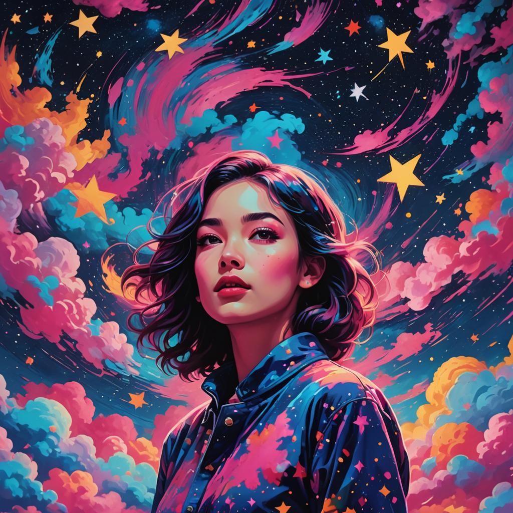 Girl in Starry Night Sky in Pop Art Style