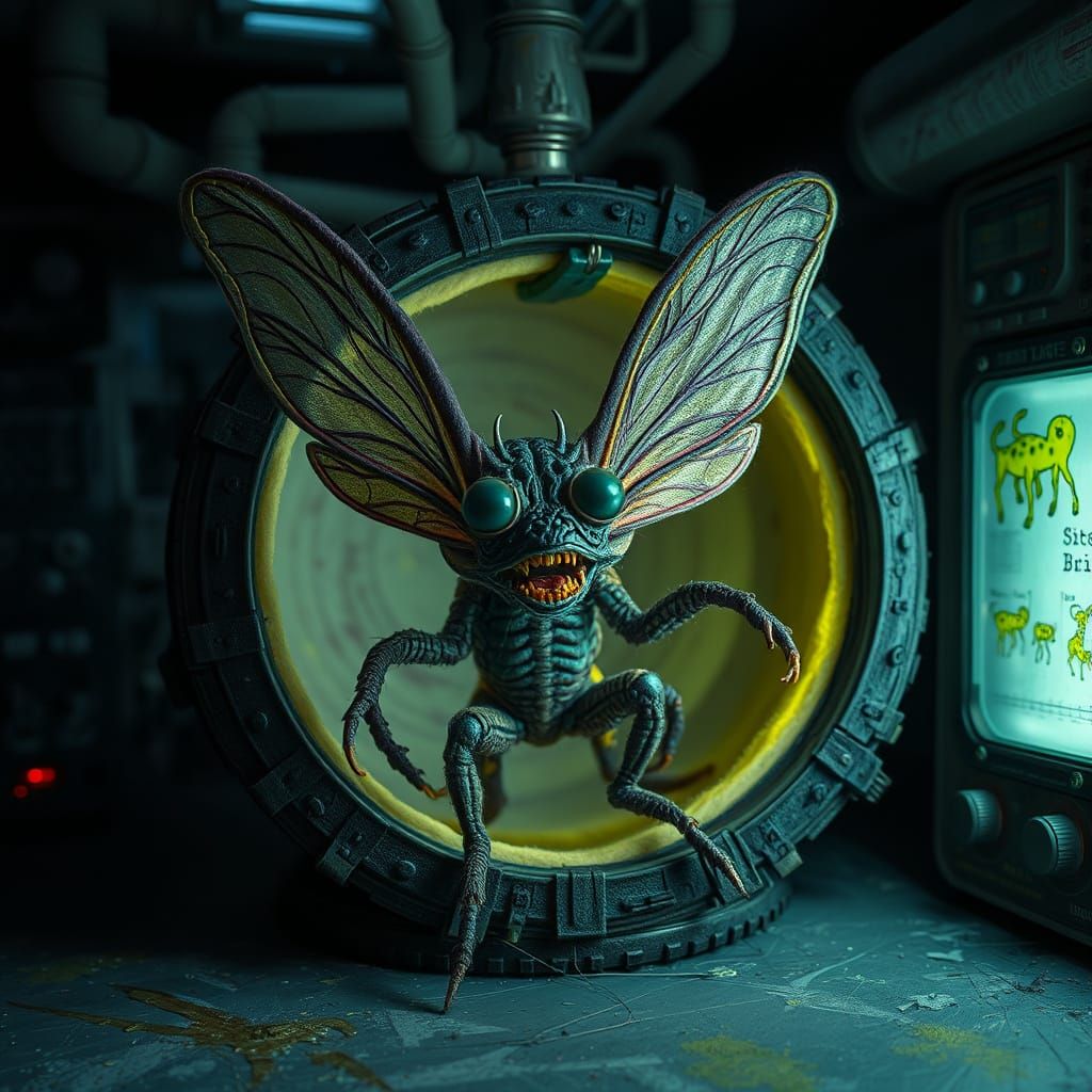 Felted Brundlefly Sculpture Emerging from Teleport Pod