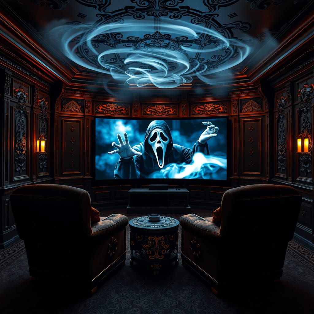 Ethereal Game Room with Ghostface, in Kinkade Style