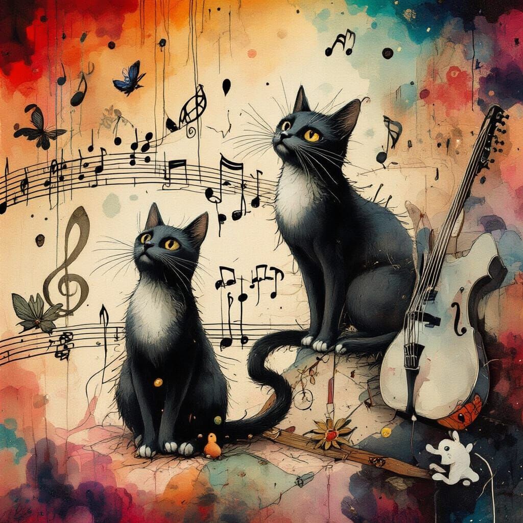 Surreal Watercolor: Whimsical Character with Black Cats